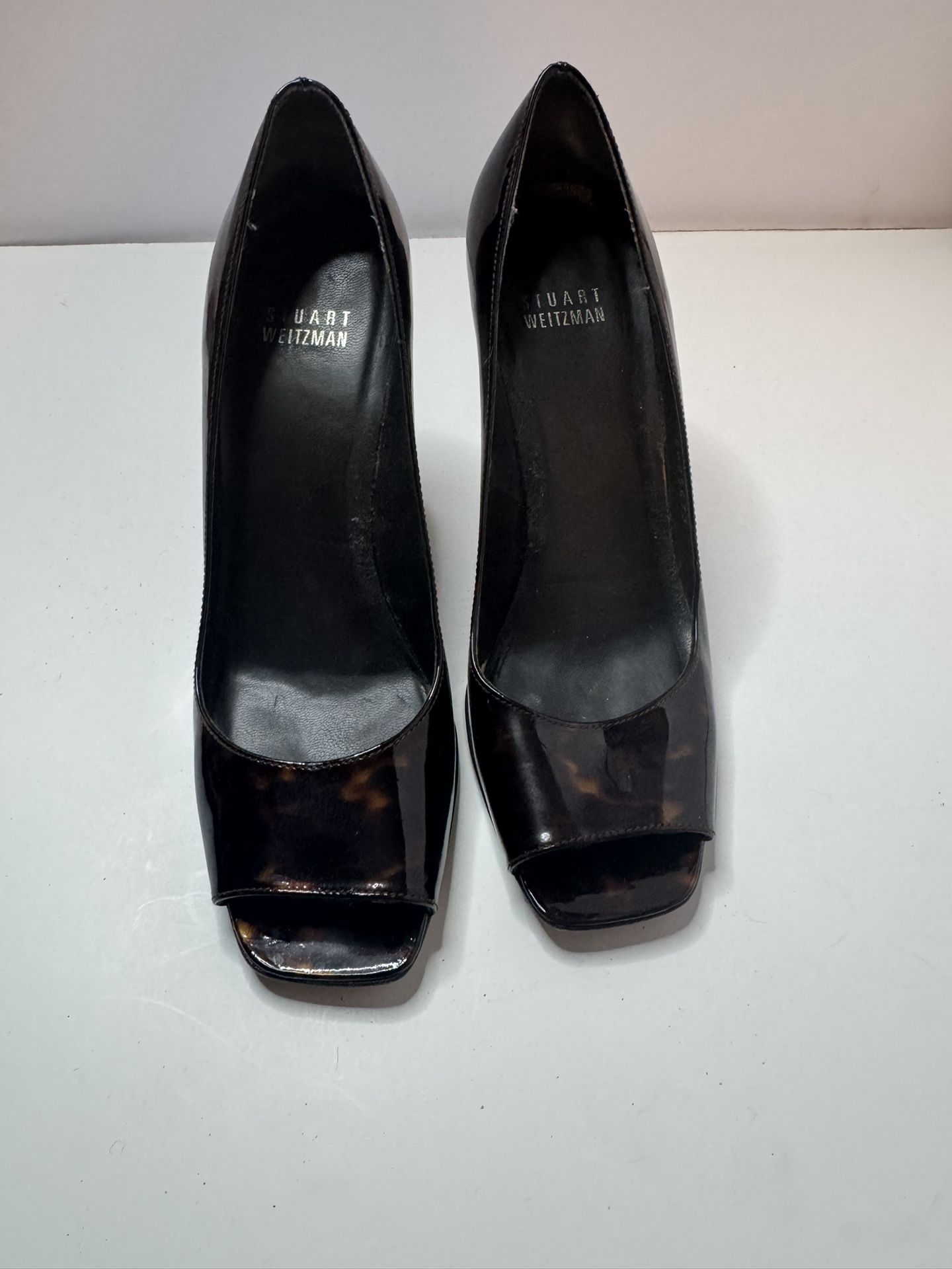 Stuart Weitzman Brown Tortoise Shell Patent Leather Peep Toe Heels Size 7.5M
