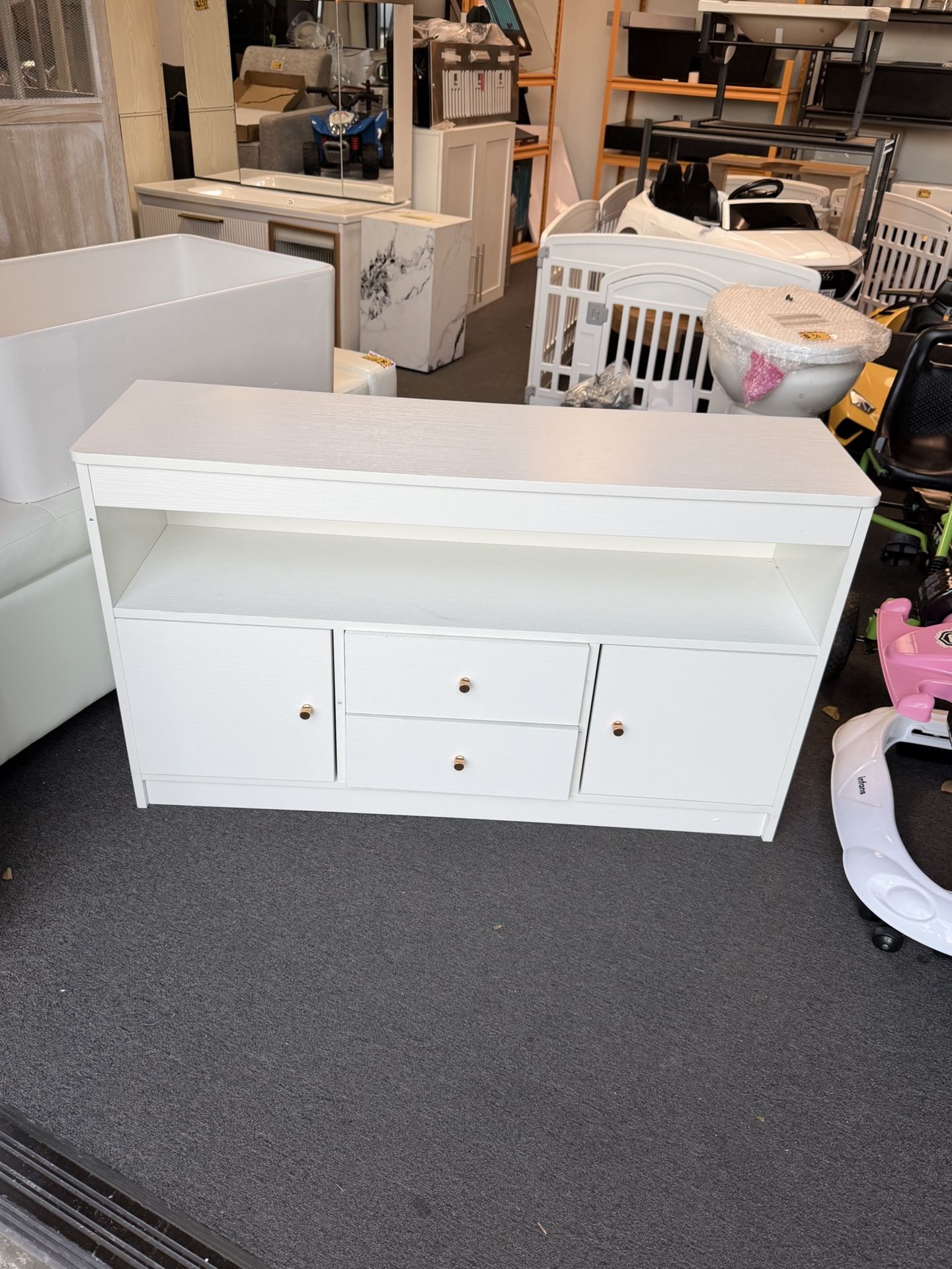 $75!! 42” X 12” X 24,5” Wooden Kids Toy Cabinet With 2 Drawers, And Open Shells