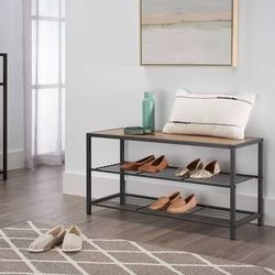 NEW-TRINITY 3-Tier Shoe Bench with Wire Shelves, Dark Gray