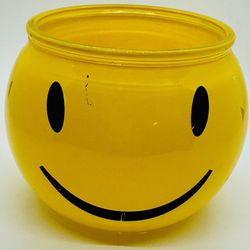 Smiley Face Pot Vase Candy Dish Yellow Glass Happy Face Flower 4” Diameter Top