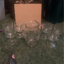 Frosted Grapevine Etched Glass Pitcher And 6 Glasses I'll Take Best Offer Need To Sell Asap