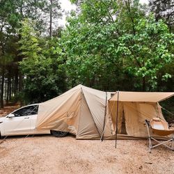 ACtent for Tesla Model 3&Y, Pop-Up SUV Tent w. Awning for Car Camping, Connects to Tesla Tailgate for Air-Conditioning, Sleeps 6 Adults, 10'x8.2' - De