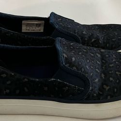 Navy Blue Cheetah Print Sperry Top Sider Flat Loafer Slide On Shoes Sz 8