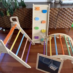 BlueWood rainbow Pikler Triangle Set, 7-in-1 Foldable Wooden Toddler indoor gym w/t blackboard