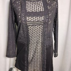 Sz Med Lucky Brand Women Black Long Sleeve Top Blouse Mesh Sheer Lace Boho Chic