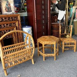 $25 Ea Rattan Bamboo Magazine Rack Holder, Pink MCM Ceramic Bull, White Resting Buddha. Bamboo Chair Stool Plant Stand, Parrot Or Leather Camel Statue