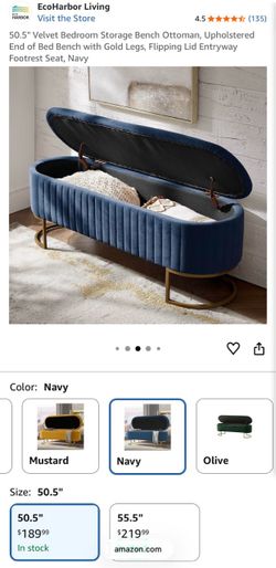 Navy Velvet Storage Bench Ottoman with Gold Legs