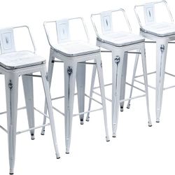 0786c 26" Industrial Metal Barstools Set of 4 Counter Height Bar Stools with Back (Wood Top Low Back, Distressed White)