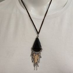 Rampage Necklace Leather Strap Glass Tear Drop Pendant Wood Silver Coil Dangles