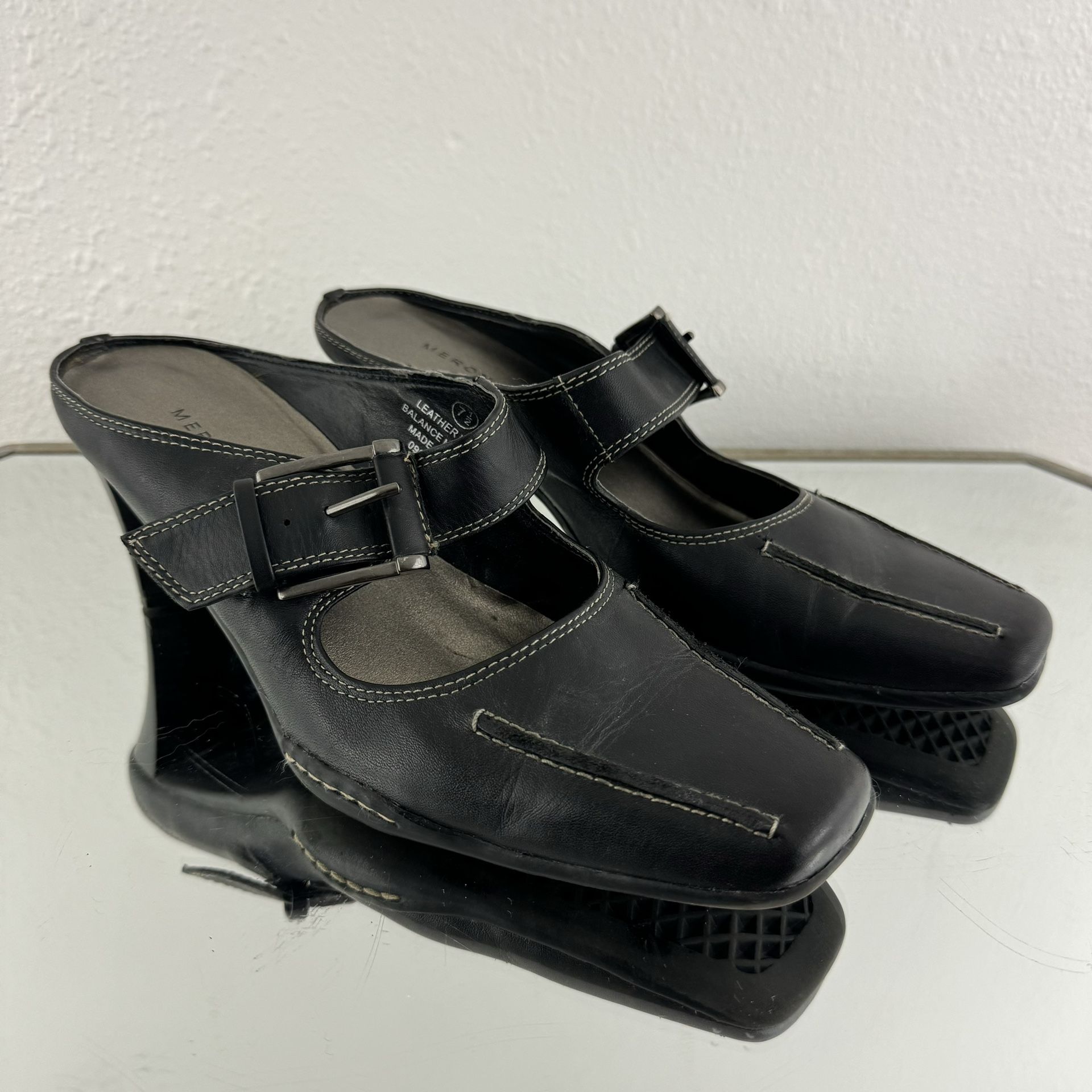 MERONA Vintage Y2K Black Leather Edgy Pointed Toe Slip On Mary Jane Mule Heels