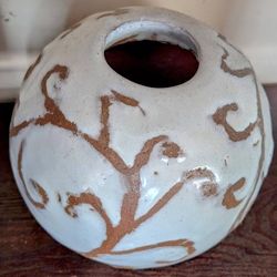 embossed vines ceramic antique style pottery round moon vase 7" x 8"
