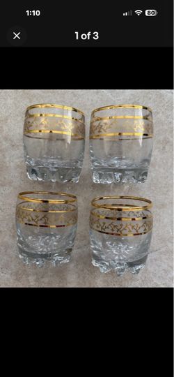 Vintage Low Ball Crystal Whiskey Glasses W/Gold Filigree Trim Set Of 4