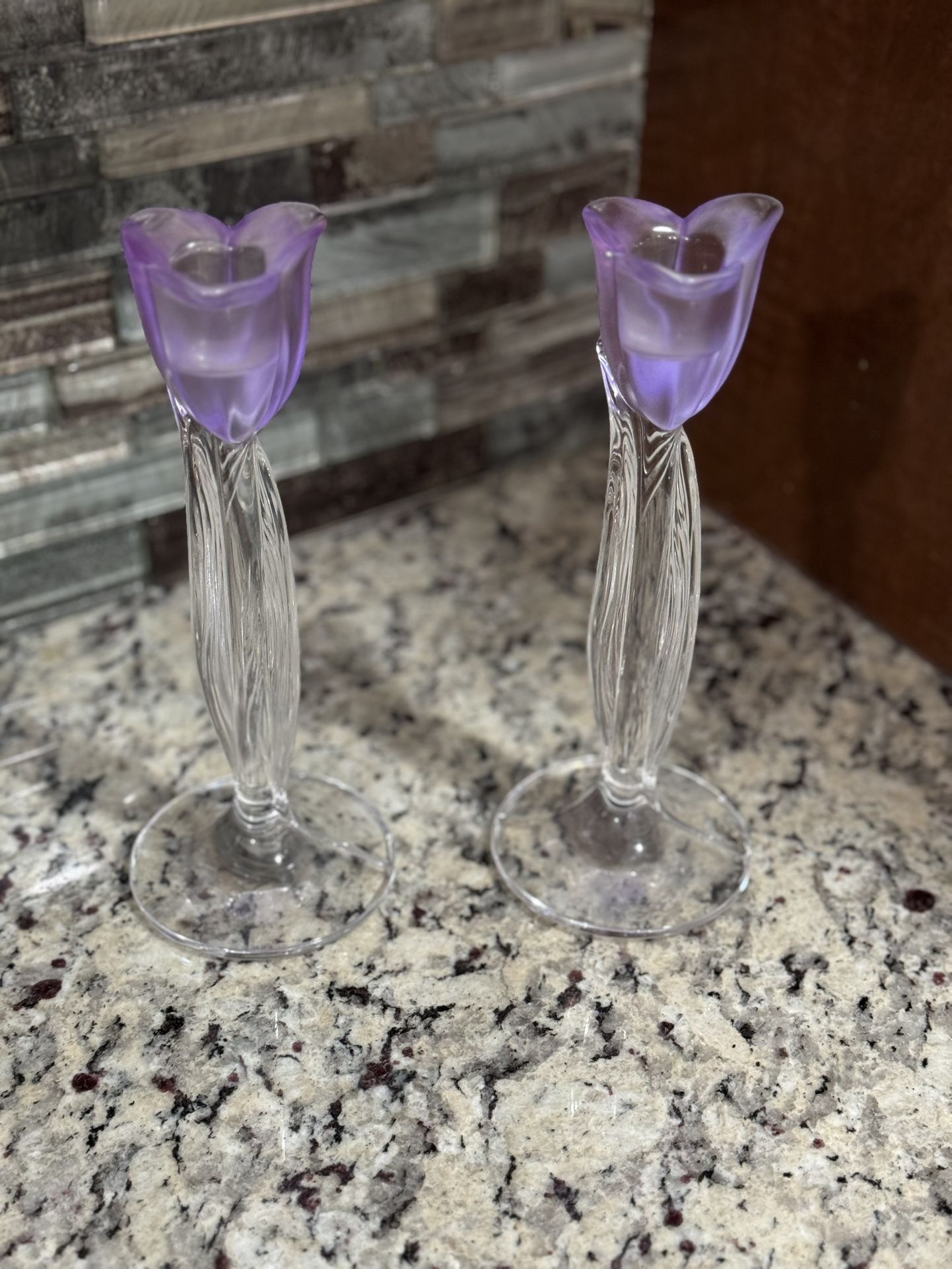 Two Vintage MIKASA 8” LEAD CRYSTAL Spring Aria" Purple Tulip Candle Holders Rare & Hard To Find (New) Location new port Richey