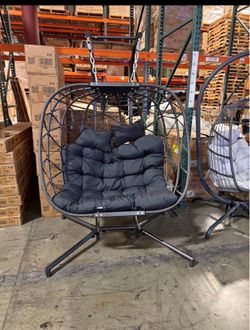 New Swing Hanging Double Birdcage Egg Chair with Stand Indoor Outdoor 700 Ibs Capacity available  turquoise blue and dark gray