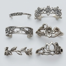 Silver Boho Stackable Rings Set (6 Pieces) – Floral, Leaf & Vintage Designs