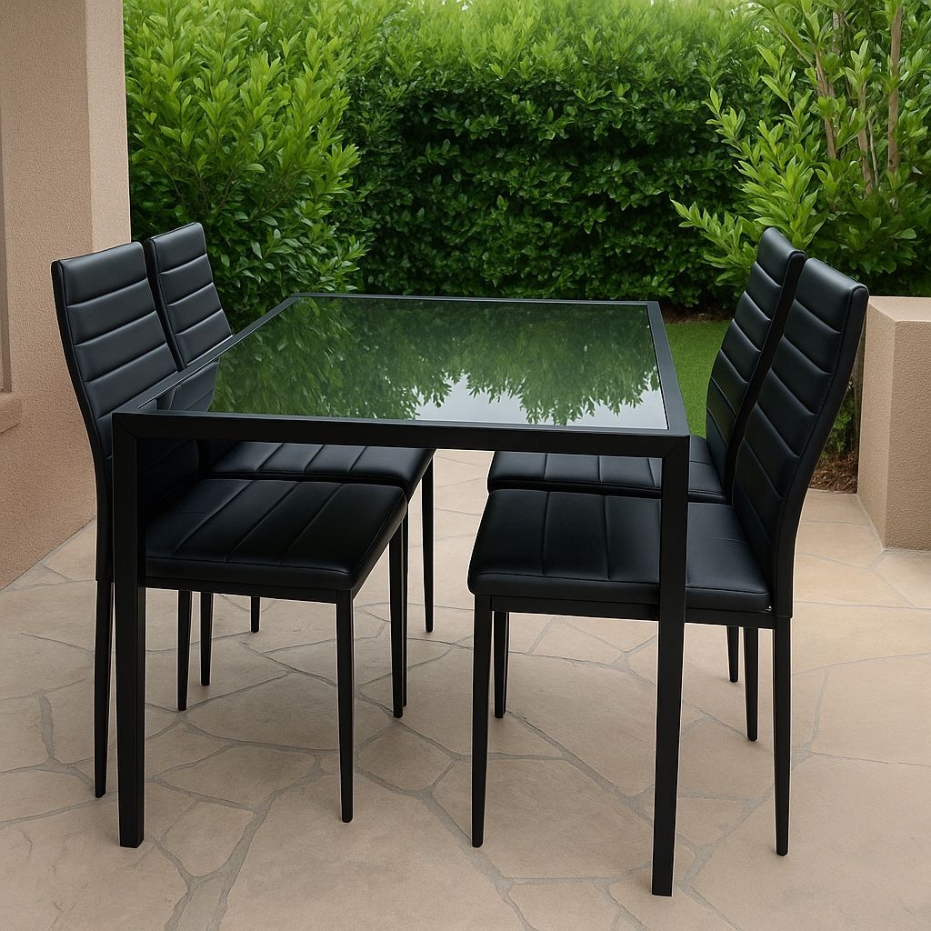 Modern Glass Dining Table + 4 Black Chairs