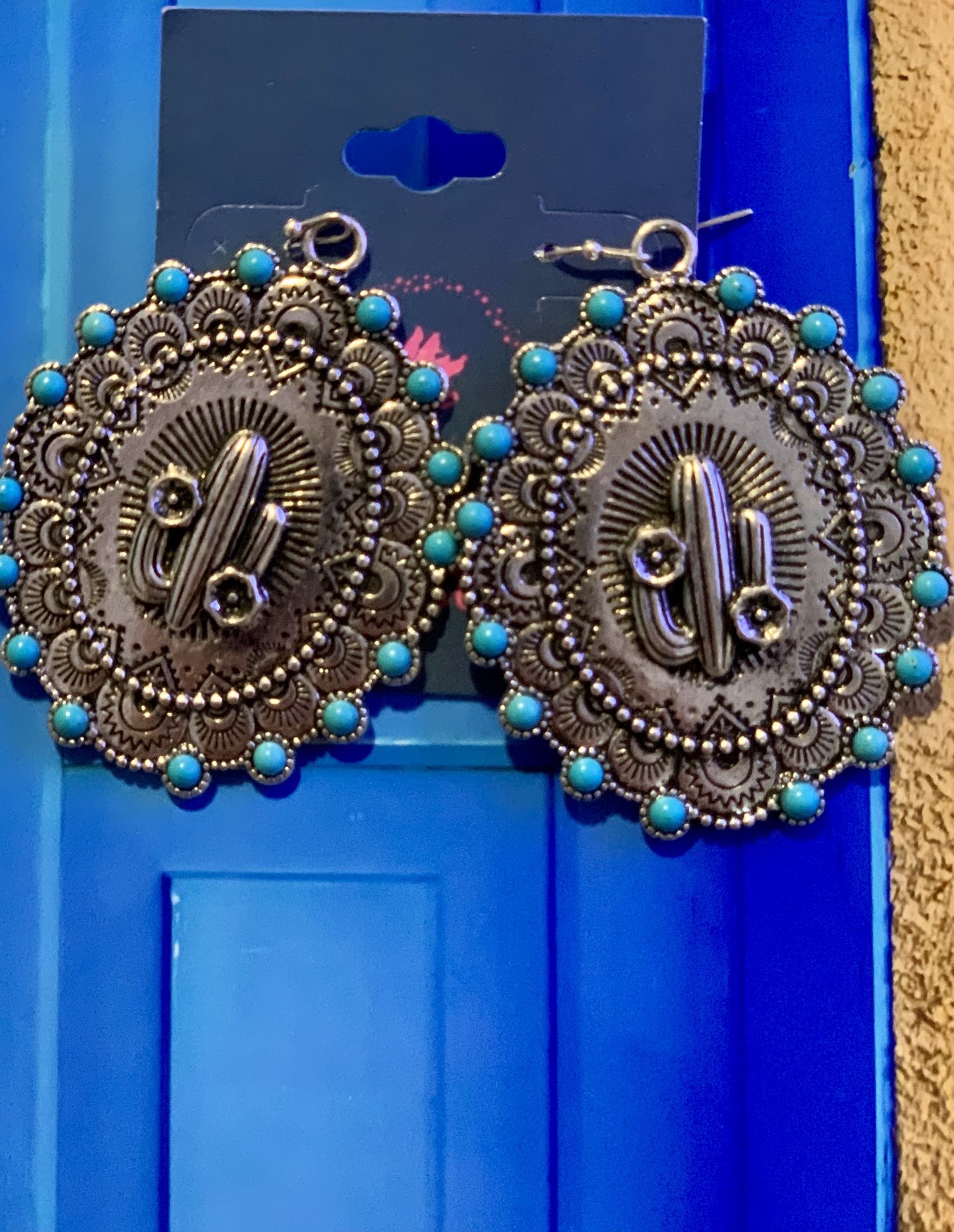 Saguaro Cactus Design On Silvertone With Turquoise Earrings