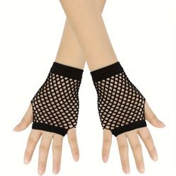 Black Gothic Punk Fishnet Gloves - short fishnet fingerless emo gloves with elasticated punk wrist