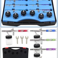 OPHIR Juego de 6 pistolas de aerógrafo de doble acción de 0.014 in con 5 tiras de mangueras de cepillo de aire y soporte para aerógrafo que puede cont