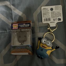 marvel dancing groot bobble head and minion keychain 