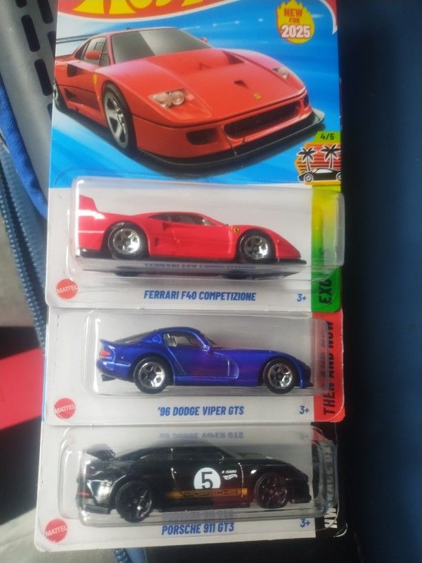 Hot Wheels Porsche 911 GT3 Black, Ferrari F40, Dodge Viper GTS