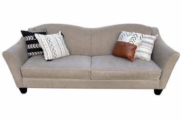 Beige Sofa with Curved Back + 4 Throw Pillows — $150 OBO