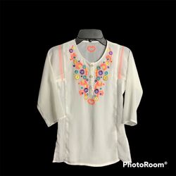 H&M White Sheer Tunic Blouse w Colorful Stitched Designs Girls 4-6