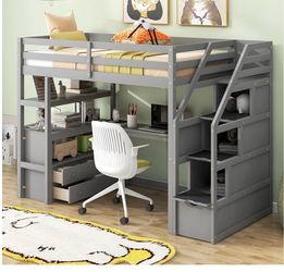 Twin size bed with loft desk , drawers and storage