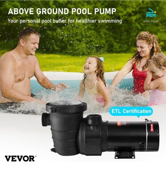 VEVOR Swimming Pool Pump, 1.5 HP 115 V, 1100 W Single Speed Pumps for Above Ground Pool 