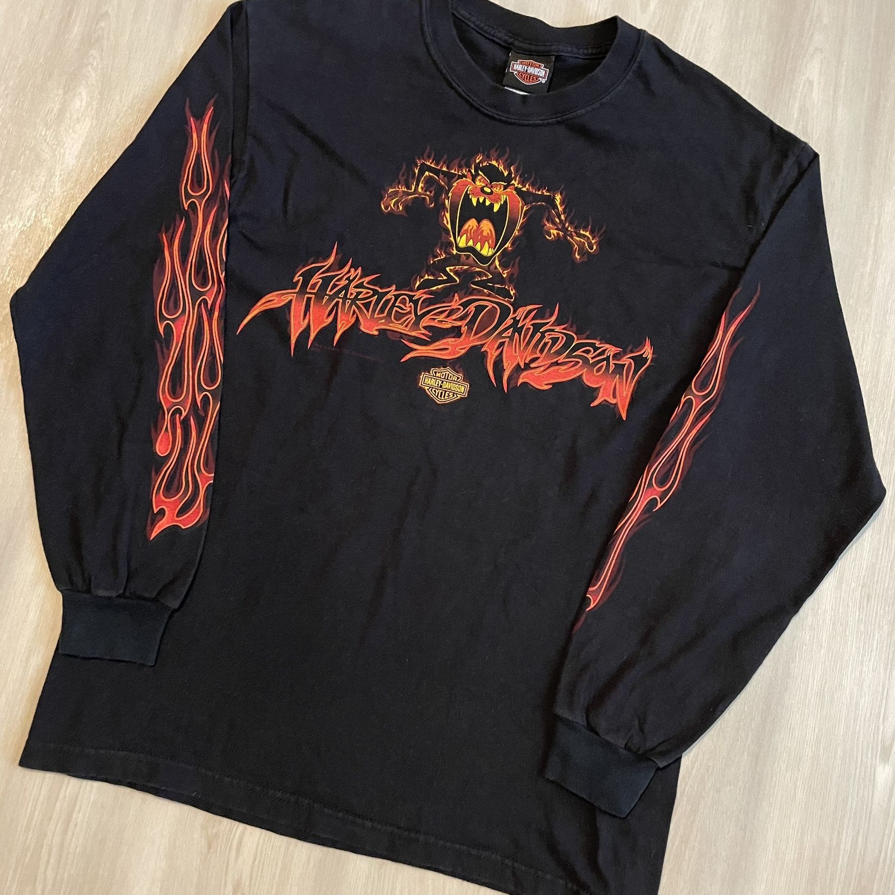 Vintage Looney Tunes Harley Davidson Flaming Taz Long Sleeve