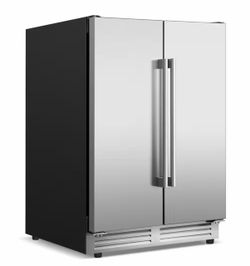 23.4 in. Dual Zone 210-Cans Beverage Cooler Interior Blue LEDs with 4-Door Handles Built-in Beer Fridge in Silver