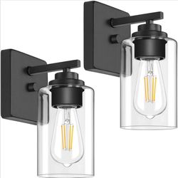 Set of 2 Wall Sconces for Bathroom, Modern Vanity Light Fixtures, Matte Black Wall Mount Lighting Lanterns, Farmhouse Wall Lights Clear Glass Shade