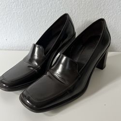 8.5 COACH Elsa Womens Dark Brown Square Toe Slip On Chunky Heels Shoes Classic