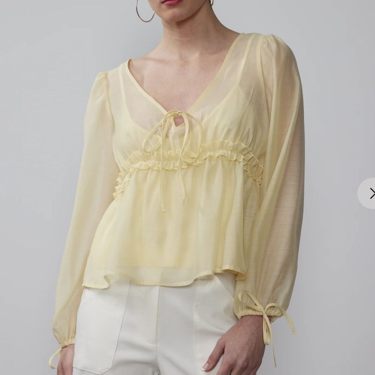 NEW YORK & COMPANY Organza Tie Sleeve Baby Doll Blouse Large