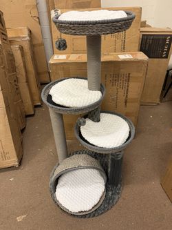 Wood Modern Cat Tree for Large Cat, 46" Tall Cat Tower with Scratching Posts, Cat Condo, Aesthetic Multi-Level Cat Climbing Tree with Hand-Woven Bed f