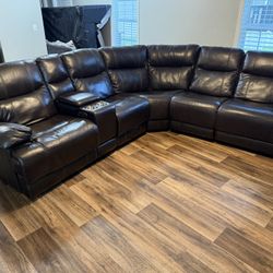 American Signature Mclean Dark Brown Dual Leather Power Reclining Sectional Sofa