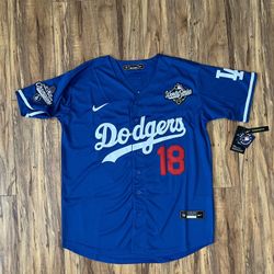 Yoshinobu Yamamoto Blue World Series Champions Jersey #18
