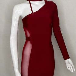 Burgundy One-Sleeve Mini Dress – Extra Small – Sheer Panel, 33” Bodycon Style