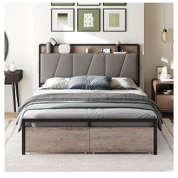 HOOBRO Full Size Bed Frame with 2 Storage Drawers, Upholstered Headboard with Charging Station and Hidden Storage, Full Bed Frame