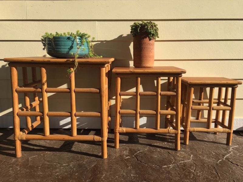Vintage set of three rattan side table/plant stands!
