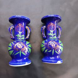 Vases Set 2 Small Kutani Vintage Japan Handpainted Cobalt Gold Green Floral 5 in