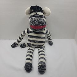 World Market Zebra Sock Monkey Stuffed Animal Plush 16" Black White Zoo Safari