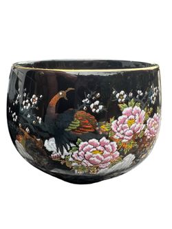 Japanese Tea/Sake Cups Black W/ Metallic Florals & Gold Trim, Peacocks Set Of  3