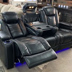 Party Time Midnight LED Power Reclining Sofa with Adjustable Headrest By Ashley🚛Same Day Delivery💳Financing Options