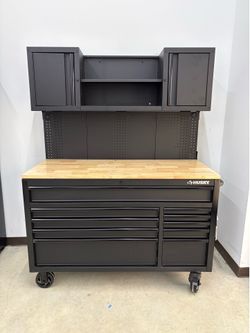 BRAND NEW AND FULLY ASSEMBLED Shop Husky Heavy Duty 56 in. W x 27.6 in. D 10-Drawer Matte Black Mobile Workbench Cabinet with Wood Top, Pegboard and T