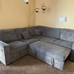 Grey Corduroy L-Shaped Sectional with Pull-Out Sleeper & Cup Holders (Sofa, Couch) 