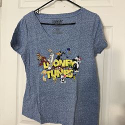 Looney Tunes Juniors Shirt – Size L (Blue, V-Neck) 