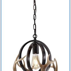Brand New Rustic Antler Pendant Light, Metal Globe with Resin Antlers, 11.8 Inch, E26 Base, Brown, Indoor Hanging Light for Kitchen, Dining Room (1 Li