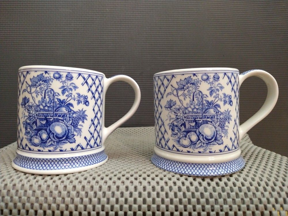 James Sadler Blue and White Coffee Cups Mugs Afternoon Tea Fruit Harvest