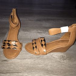 New Brown/Gold Leather Wedge Sandals sz 8